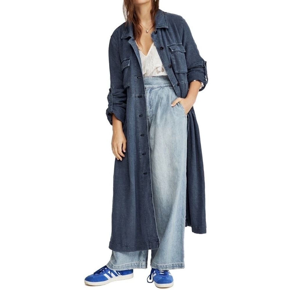 Free People 'Rainz'  Linen Duster Jacket Long Dress Blue Oversized Size Medium - Picture 10 of 10